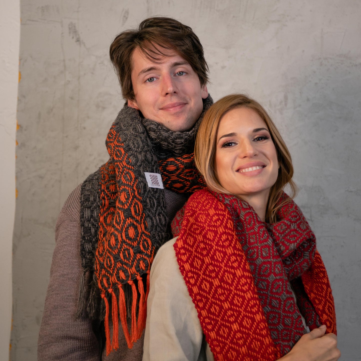 Hand Woven Wool & Silk Scarf Dark Grey/Orange