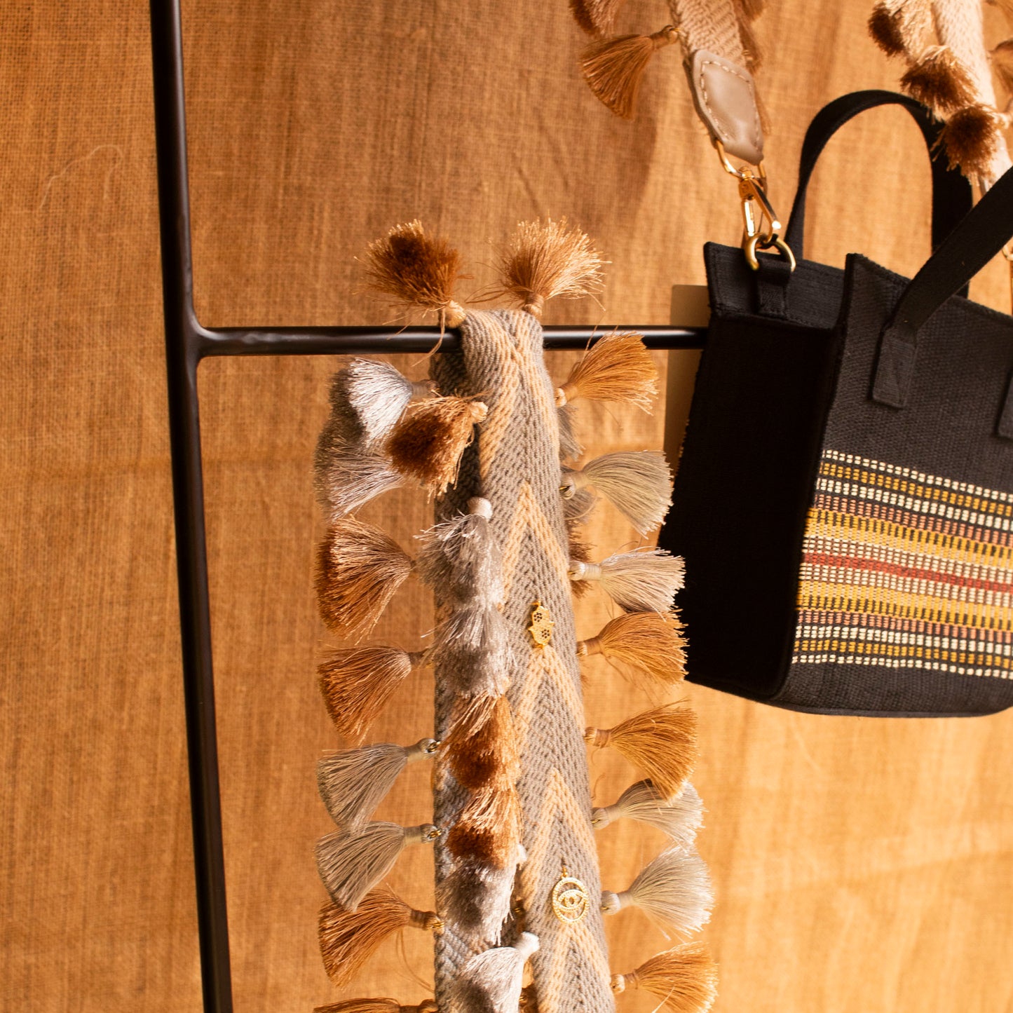 Handmade Bag Strap Decorated with Metal Charms and Fringes