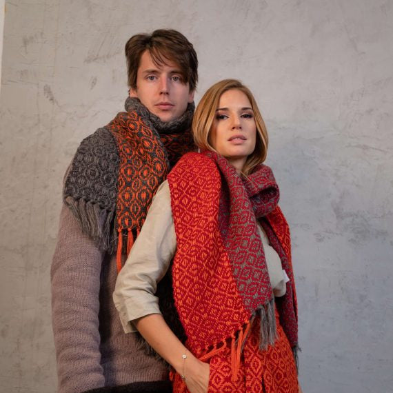 Hand Woven Wool & Silk Scarf Dark Grey/Orange
