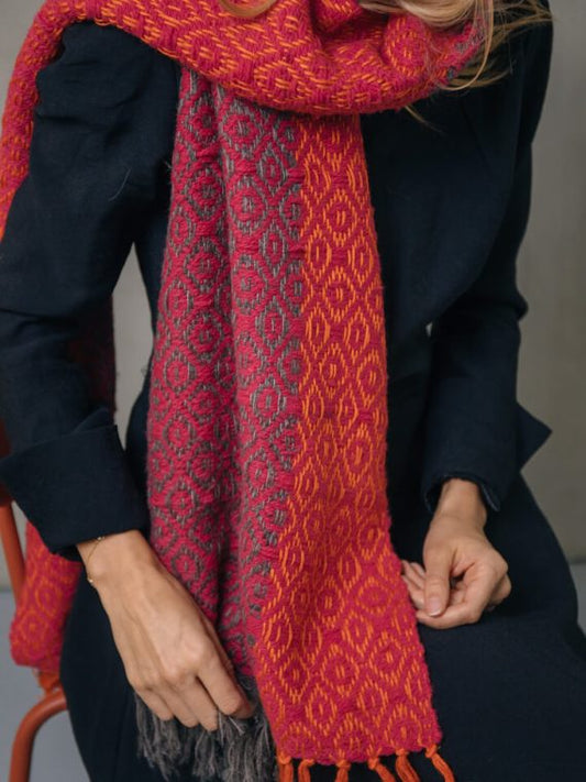 Hand Woven Wool & Silk Scarf Dark Red/Orange