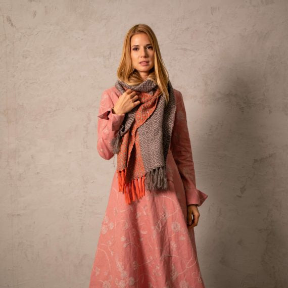 Hand Woven Wool and Silk Scarf Grey/Orange