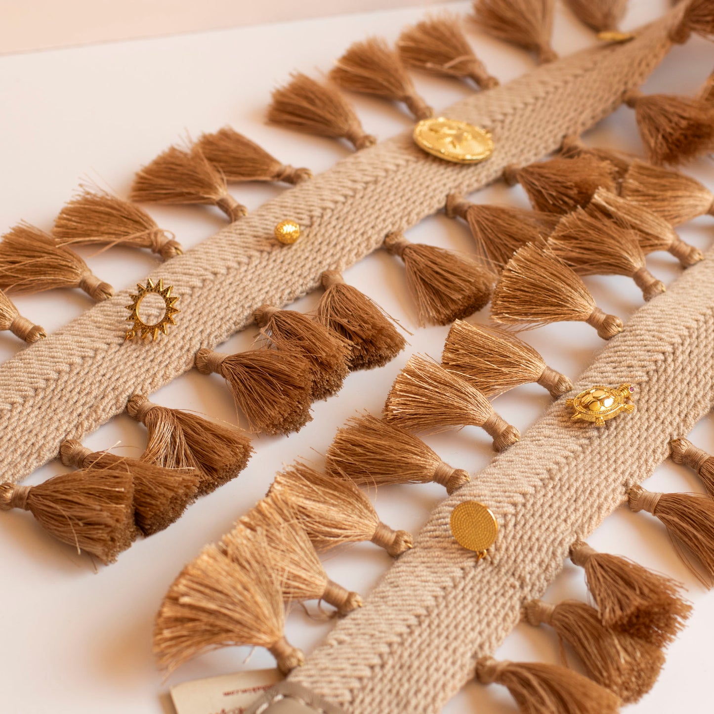 Handmade Bag Strap Decorated with Metal Charms and Fringes