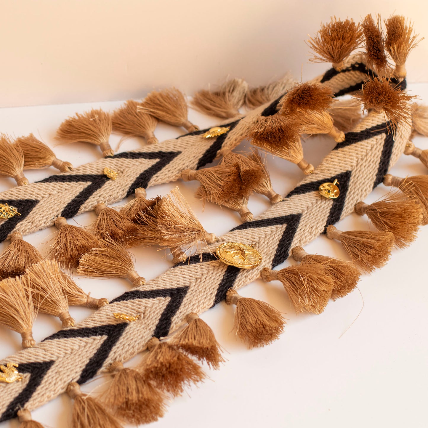 Handmade Bag Strap Decorated with Metal Charms and Fringes