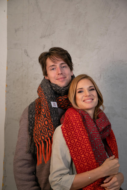 Hand Woven Wool & Silk Scarf Dark Grey/Orange