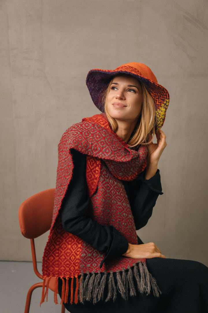 Hand Woven Wool & Silk Scarf Dark Red/Orange