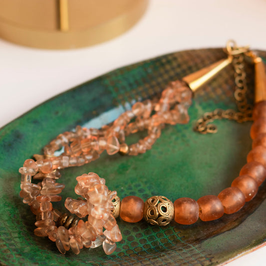 African Recycled Glass Beads Necklace, Orange
