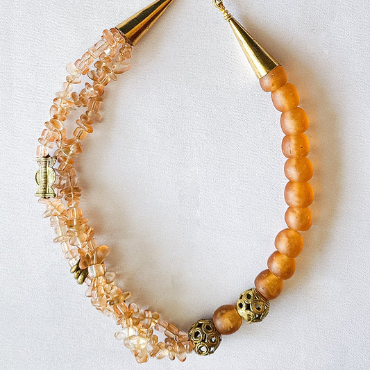 African Recycled Glass Beads Necklace, Orange