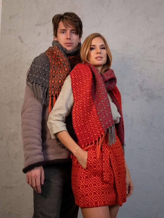 Hand Woven Wool & Silk Scarf Dark Grey/Orange