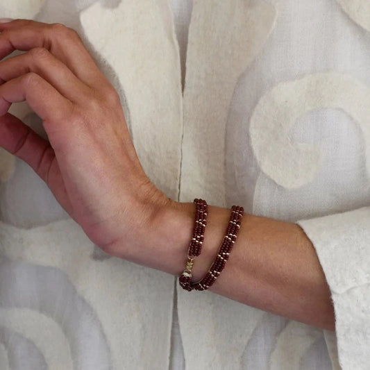 Handmade Double Wrap 3 Dot Beaded Bracelet Burgundy